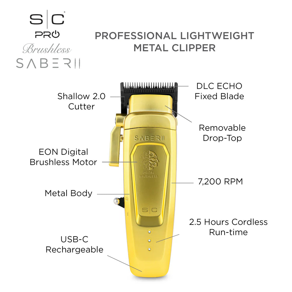 StyleCraft Saber 2.0 Cordless Modular Clipper w/ High-Torque Digital Brushless Motor - Gold (SC617M)