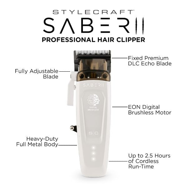 StyleCraft Saber 2.0 Cordless Modular Clipper w/ High-Torque Digital Brushless Motor - White