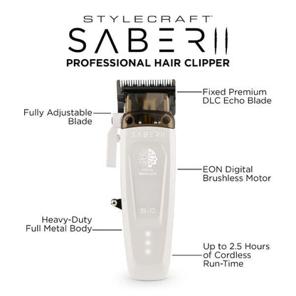 StyleCraft Saber 2.0 Cordless Modular Clipper w/ High-Torque Digital Brushless Motor - White